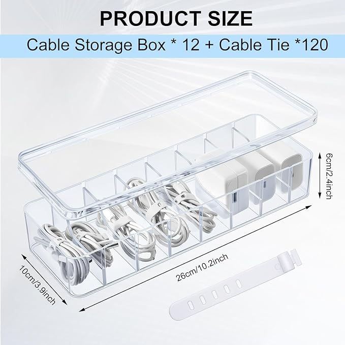 Tatuo 12 Pcs Cable Organizer Box with Wire Ties, Plastic Cord Storage Box with Lid, Electronics Organizer for Home Office Desk Organizers and Accessories (Clear)