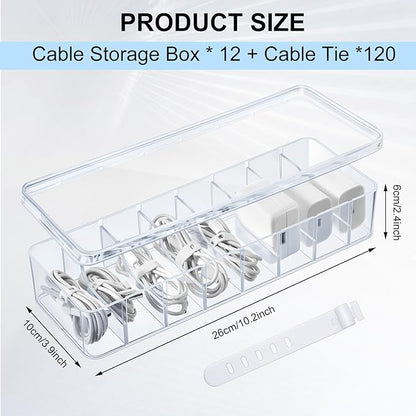 Tatuo 12 Pcs Cable Organizer Box with Wire Ties, Plastic Cord Storage Box with Lid, Electronics Organizer for Home Office Desk Organizers and Accessories (Clear)