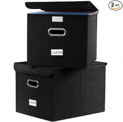 PRANDOM File Organizer Box - Set of 2 Collapsible Decorative Linen Filing Storage Hanging File Folders with Lids Office Cabinet Letter Size Black (15x12.2x10.75 inch)