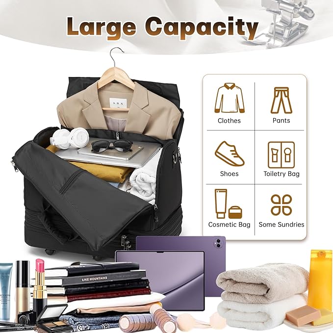 Collapsible Rolling Garment Bags, Large Rolling Duffle Bag with Wheels Convertible Travel Garment Bag for Men Women Carry On Garment Bag for Travel Suitcase Suit Business Travel Bag, Black
