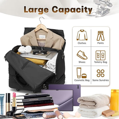 Collapsible Rolling Garment Bags, Large Rolling Duffle Bag with Wheels Convertible Travel Garment Bag for Men Women Carry On Garment Bag for Travel Suitcase Suit Business Travel Bag, Black