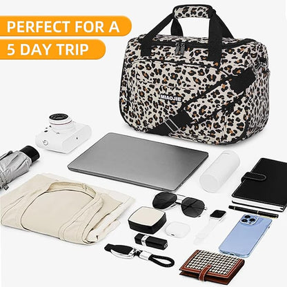 Underseat Carry On Luggage Lightweight Travel Tote Weekender Bag Overnight Duffle Bag for Travel, Travel Essentials Personal Item Travel Bag for Women and Men,Leopard-16Inch