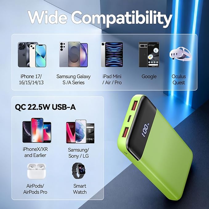 Portable Charger, 10000mAh Slim Power Bank Portable Phone Charger 22.5W PD QC Fast Charging with 3 Outputs 2 Inputs Battery Pack Compatible with iPhones Samsung Google Pixel LG Moto More Devices,Green