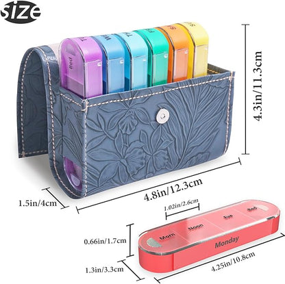 Pill Organizer,LIZIMANDU Weekly Travel Pill Case Box Medication Reminder Daily AM PM, Day Night 7 Compartments,for 4 Times A Day, 7 Days a Week-Includes Leather PU Carrying Case(1-Carved Blue3)