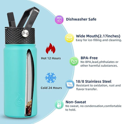 BJPKPK Insulated Water Bottles with Straw Lid, 18oz Stainless Steel Metal Water Bottle, Cold Hot Thermo with 3 Lids, Leak Proof BPA Free Travel Cup, Wide Mouth Flasks, Thermo-Turquoise