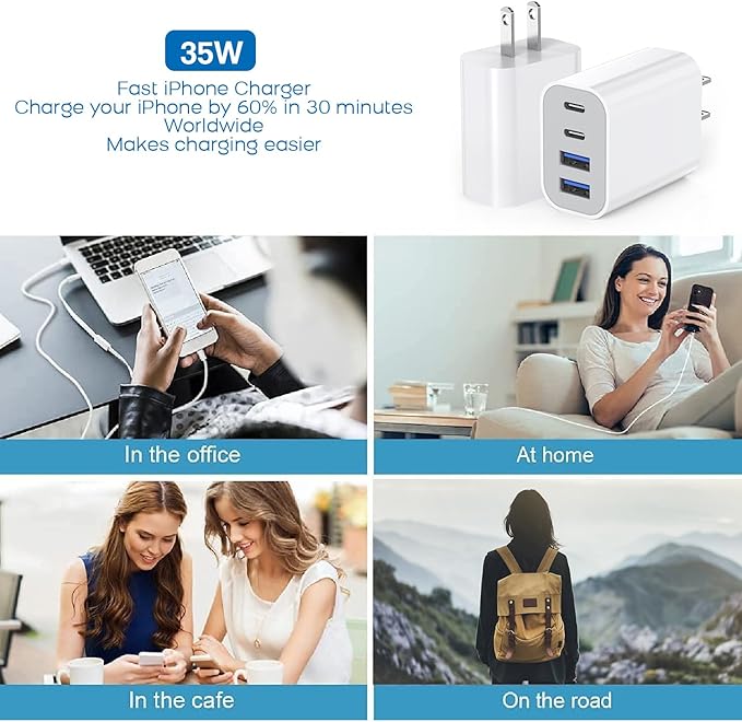 35W Apple iPhone 17 16 Pro Adapter,3Pack 4-Port Quick Charger Block USB C MultiPort PD Plug Adapter+QC Double Type C Adapter Fast Charging for iPhone 17 Air/17 Pro Max/16e/15/15 Pro/14/13/12/11/X/iPad