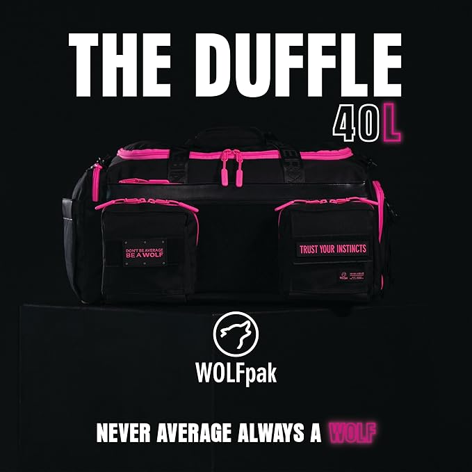 WOLFpak Ultimate 40L Gym & Travel Duffle Bag | Heavy-Duty Gear Bag w/Durable Waterproof 1000D Oxford Material | Hard Shell Base, Laptop Sleeve, Custom Patch Options | (Black Neon Pink)