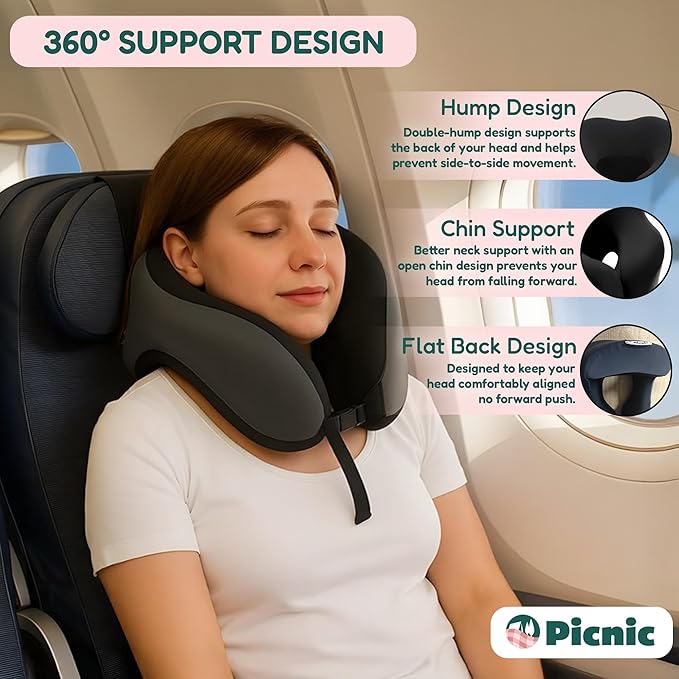 Picnic Neck Pillow for Traveling | 100% Pure Memory Foam Travel Pillow for Airplanes, Car & Office | Ergonomic Support with Adjustable Clasp, Eye Mask & Compact Travel Bag | Perfect for Relaxation