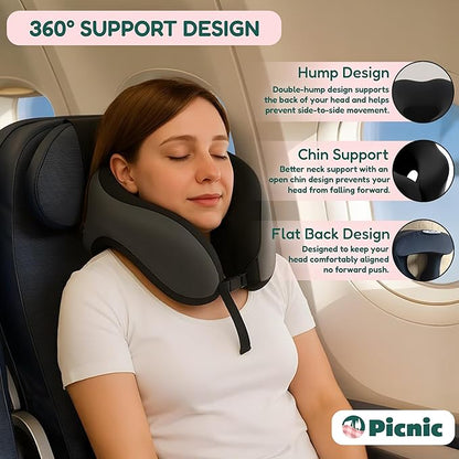 Picnic Neck Pillow for Traveling | 100% Pure Memory Foam Travel Pillow for Airplanes, Car & Office | Ergonomic Support with Adjustable Clasp, Eye Mask & Compact Travel Bag | Perfect for Relaxation