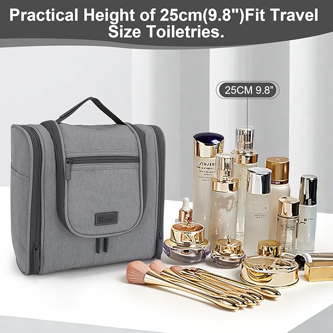 Hanging Toiletry bag & Makeup Bag for Travel, Water-Resistant Organizer Toiletries Bag with Separate Compartments, Travel Essentials Kit (Gray)