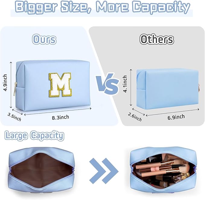 TOPEAST Preppy Patch Makeup Bag, Chenille Letter Pouch Cosmetic Bag, PU Leather Waterproof Toiletry Bag, Personalized Birthday Gift for Women Girl, Cute Stuff for Girls (Sky Blue B)