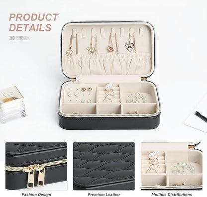 Portable Jewelry Organizer for Travel Compact Leather Jewelry Box with 8 Hooks, Earring Holder & Zippered Pouch, Ideal Gift for Women Black