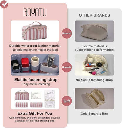 BOYATU Travel Makeup Bag for Women: Large Cosmetic Bag Set of 3 - PU Leather Make up Bag with Compartments - Compact Waterproof Toiletry Bag with Divider & Handle (B-1-Pink)