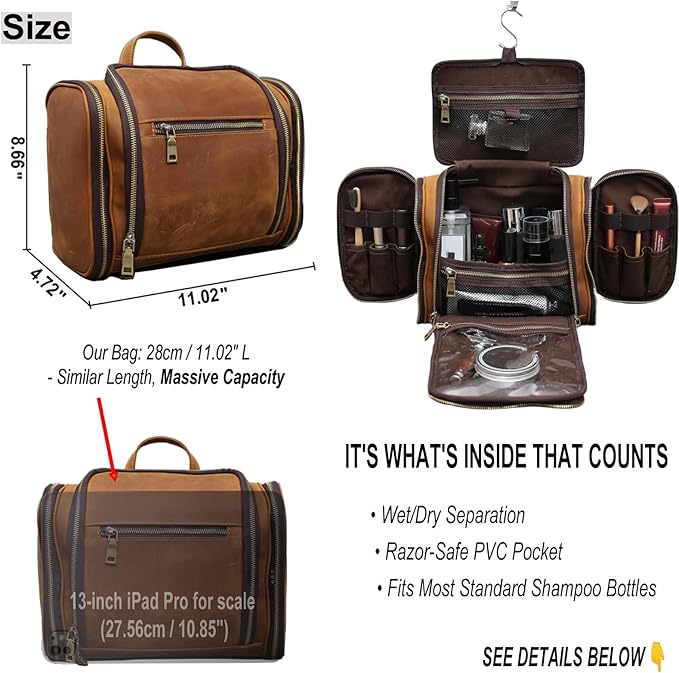 EURYNOME Toiletry Bag For Men, Genuine Leather Toiletries Organizer, Travel Hanging Toiletry Bag Large Water-resistant Bathroom Shaving Kit for Cosmetics, Makeup Case Travel Dopp Kit