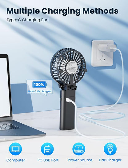 HandFan 5200mAh Portable Handheld Fan, Personal Hand Held Fan USB Rechargeable, 180° Foldable Portable & Detachable Handle Design,3 Speeds Strong Airflow Cooling for Travel/Outdoors/Indoors (Black)