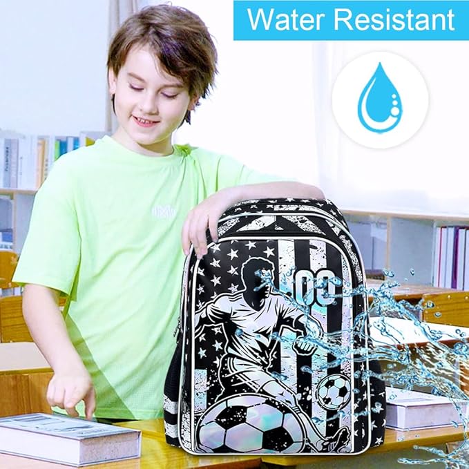 WZLVO 3PCS Kids Soccer Backpack Set, 17" Cool UV Printing Boys Bookbag/School Bag with Lunch Box & Pencil Bag for Elementary to Middle - Star-Spangled Soccer