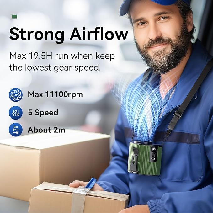 Portable Fan,Rechargeable Waist Fans,11000RPM Strong Airflow Mini Wearable Belt Fan,5 Speed,Personal Clip Waist Fans for Outdoor,Camping,Jobsite,Fishing,Travel (K20-Green)