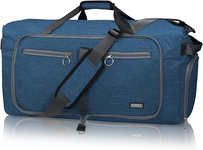 Fmeida 65L Duffle Bag with Shoes Compartment, Foldable Travel Duffel Bags for Men Women, Large Packable Travel Bag Water Repellent & Tear Resistant (Blue)