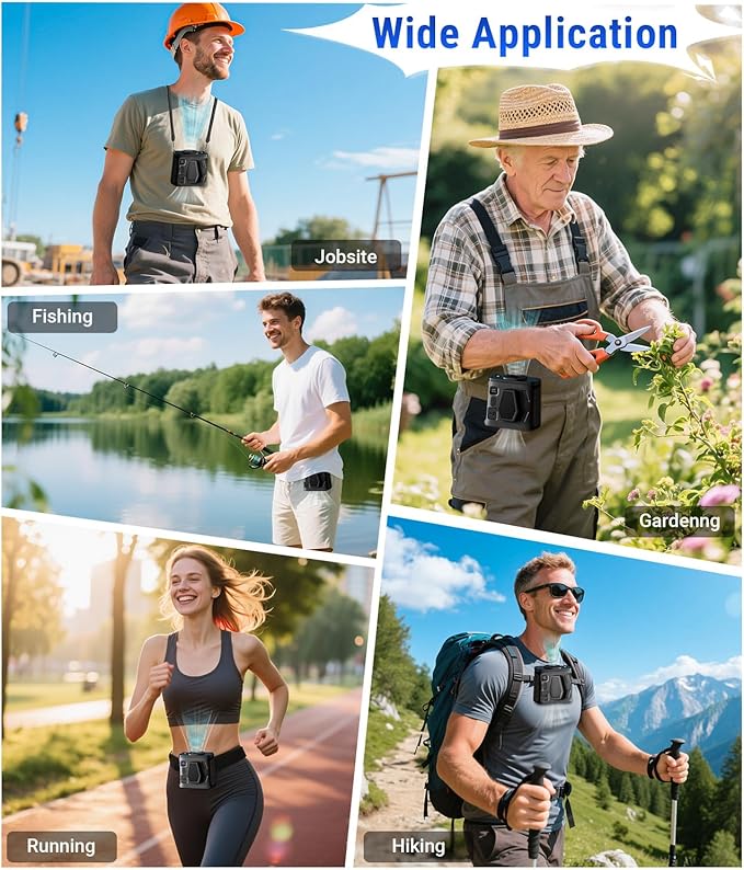 2025 Portable Waist Belt Clip Fan 10,000mAh/ 20,000RPM/ 100Speeds /40H Hands-free Rechargeable Wearable Shirt Fan Strong Airflow, Personal Body Hanging Neck Fan SOS Light for Outdoor Jobsite Camping