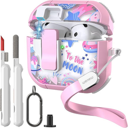 WENEW Case for AirPods 4th Case Cover Secure Lock Automatic Snap Switch Clip Cleaner Kit Lanyard Women Stylish Flower Armour Hard Shell Full Body Front LED Visible (Pink Universe, AirPods 4th)