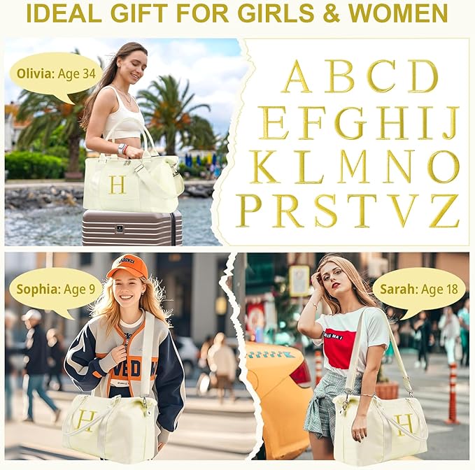 Personalized Initial Gym Dance Bag, Travel Duffel Bag for Teen Girls, Carry On Bag Overnight Weekender Bag with Trolley Sleeve, Birthday Gifts for Women Mom Daughter Graduation Gift(Letter H, Beige)