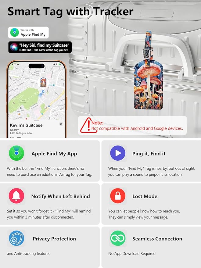 Luggage Tags Built-in Anti-Loss Tracker, Luxury Leather Luggage Tags for Suitcase, Travel Bags, Backpacks, Travel Organizer for Lost Baggage Prevention (Mushroom)