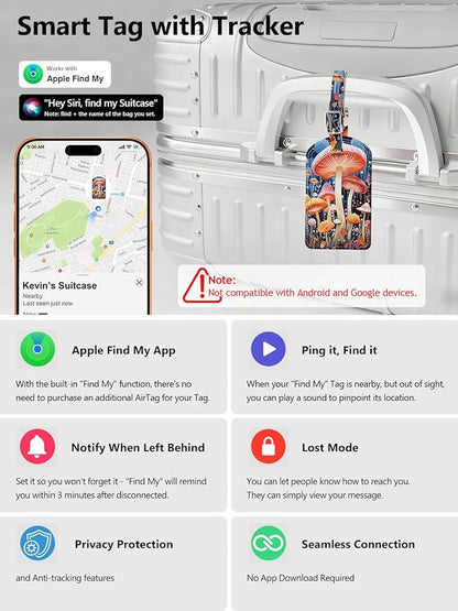 Luggage Tags Built-in Anti-Loss Tracker, Luxury Leather Luggage Tags for Suitcase, Travel Bags, Backpacks, Travel Organizer for Lost Baggage Prevention (Mushroom)