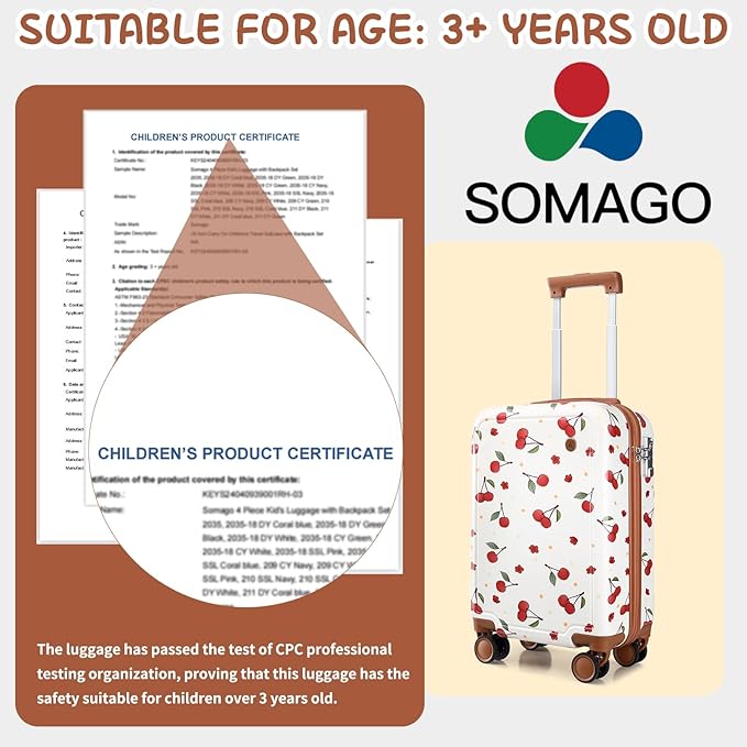 Somago 4 Piece Kid's Luggage with Backpack Set for Boys Girls Spinner 18" Hardside PC Rolling Carry on Suitcase with TSA Lock, Cherry White