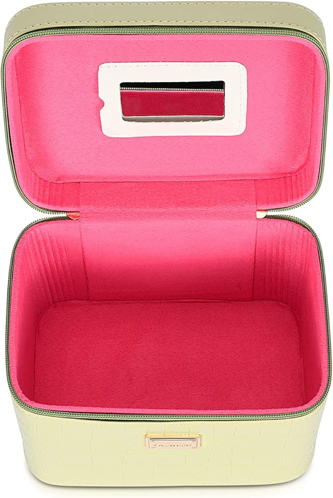 Portable leather hard cosmetic case with mirror, Green cosmetic box organizer,Professional train case make up box for women adults.