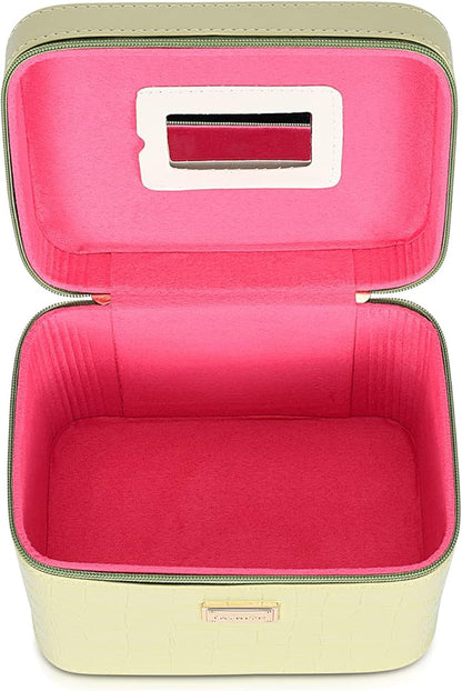 Portable leather hard cosmetic case with mirror, Green cosmetic box organizer,Professional train case make up box for women adults.