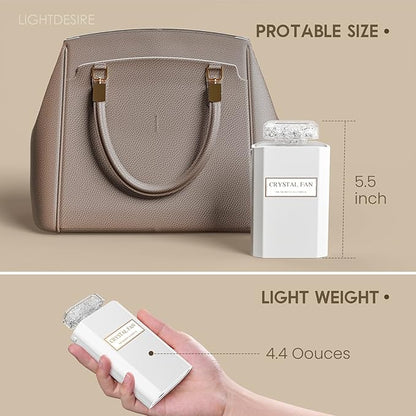 LIGHTDESIRE Handheld Fan with Crystal Stones, Mini Personal Fan Quiet Retractable, Cooling Portable Fan Rechargeable 3 Speeds Mode, Lady Small Fans for Desk Travel Makeup, Best Gifts for Women(White)