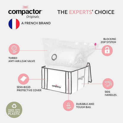 Compactor Vacuum Bags + Semi-Rigid Box, Space Saving Storage Bags, Seal Bags Compression for Comforters and Blankets, Sealer Clothes Storage, Size M, 125L | White