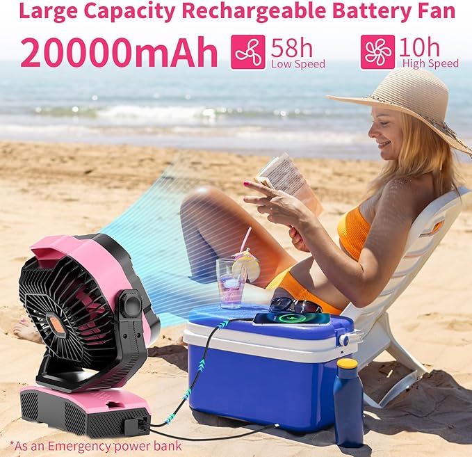 Camping Fan Oscillating Portable Fan 20000mAh Battery Powered Fans Rechargeable Camping Tent essentials Light Hook 270° Pivot USB Desk Outdoor Battery Operated X68 Pink