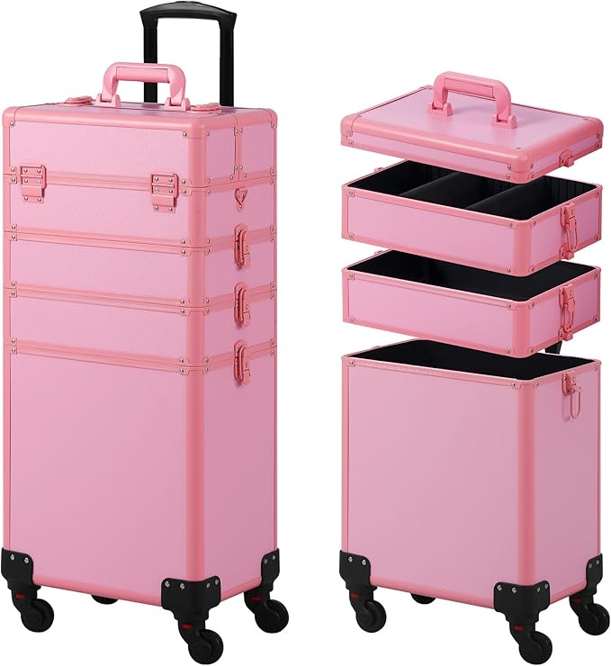 Makeup Train Case, Rolling Makeup Case with Lid, 5 in 1 Cosmetology Case on Wheels, Christmas Gift, Large Makeup Case Organizers, Profesional Cosmetic Case for Salon Barber, Pink