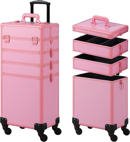 Makeup Train Case, Rolling Makeup Case with Lid, 5 in 1 Cosmetology Case on Wheels, Christmas Gift, Large Makeup Case Organizers, Profesional Cosmetic Case for Salon Barber, Pink