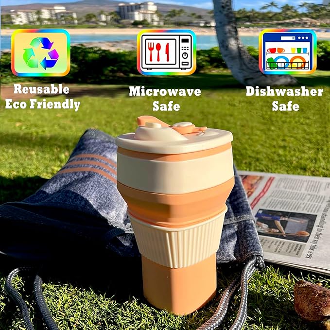 Collapsible Silicone Cup, Safe & Portable, for Hot & Cold Drinks, 18.6 oz (550 ml) - Travel, Camping, Office, and More – Peach Fuzz