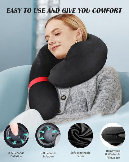 Patented Design Inflatable Travel Neck Pillow – Airplane Neck Pillow with 360° Head & Neck Support, Soft Washable Velvet Cover, Compact Neck Support Pillow for Airplane,Train,Car,Office & Home (Black)