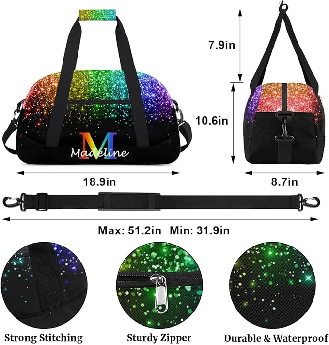 Personalized Kids Sports Duffel Bag with Name Custom Weekender Overnight Bag for Boys Girls Gym Bag Travel Dance Gymnastics Duffel Bag, Rainbow Glitter