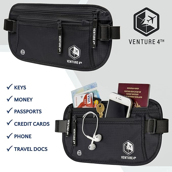 VENTURE 4TH Travel Money Belt - Slim Passport Holder RFID Blocking Travel Pouch to Protect Cash, Credit Cards and Travel Documents (Pure Black)