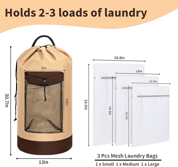 Laundry Bag Backpack with 3 Sizes Mesh Wash Bags and Shoulder Straps Foldable Clothes Hamper Bag with Drawstring Closure for College, Apartment, Laundromat (Brown)