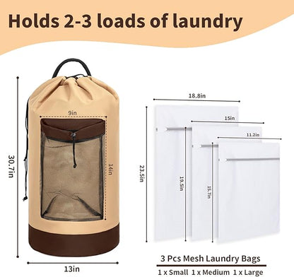 Laundry Bag Backpack with 3 Sizes Mesh Wash Bags and Shoulder Straps Foldable Clothes Hamper Bag with Drawstring Closure for College, Apartment, Laundromat (Brown)