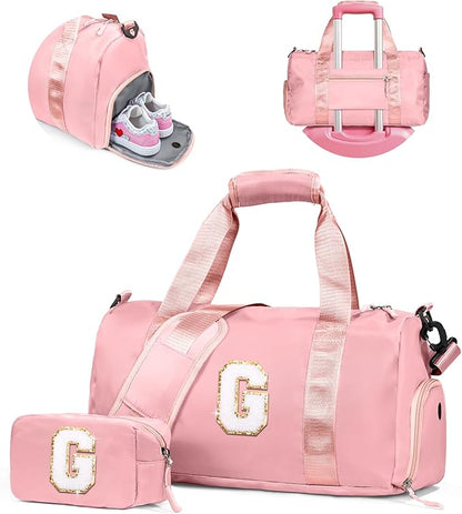Gifts for 4 5 6 7 8 9 10 Year Old Girls-Girl Gym Bag with Shoe Compartment, Kid Personalized Weekender Overnight Bags, Initial Travel Tote with Makeup Pouch, Gift for Daughter (Letter G)