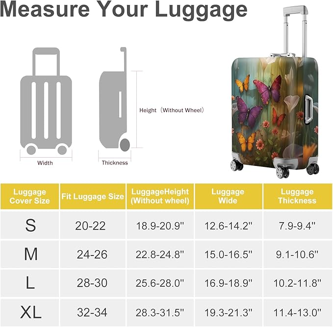 ANNA QUEEN Butterfly Garden Luggage Cover, Colorful Butterfly and Flower Suitcase Protector, Stretchable Washable Travel Sleeve for 28-30 Inch Luggage