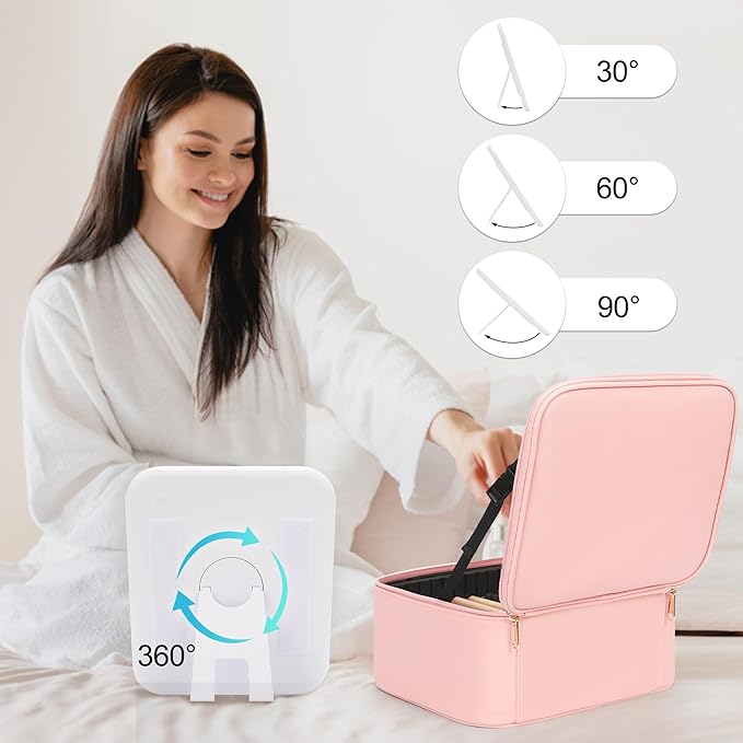 TANTO Makeup Bag With LED Mirror, Travel Makeup Case with Light up Mirror Large Cosmetic Case with 3 Color Lighted Portable Professional Organizer Bag with Adjustable Dividers（Pink）