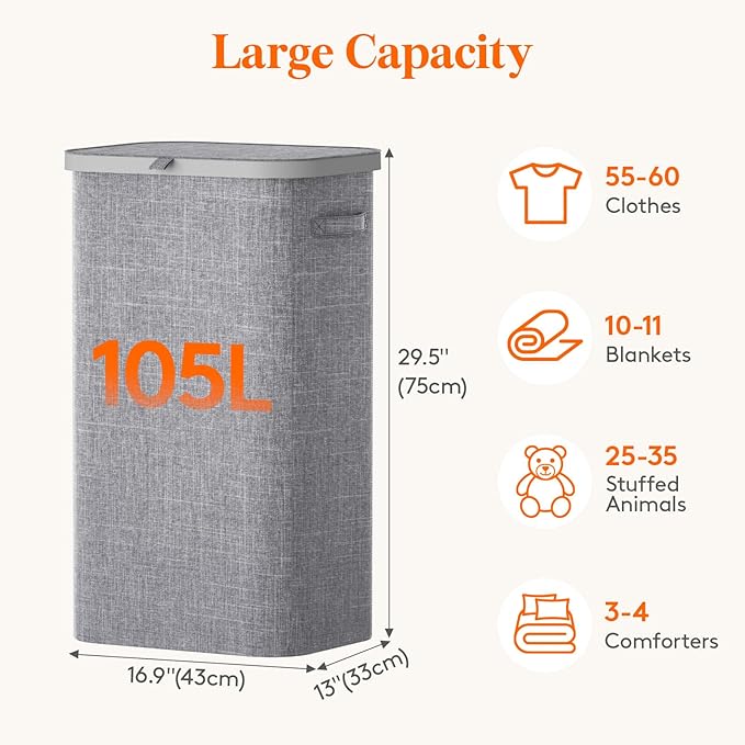 Lifewit 105L Laundry Basket with Lid, Large Laundry Hamper with Plastic Handles and Removable Bag, Foldable Tall Dirty Clothes Hampers for Laundry for Laundry Room, Bedroom, Bathroom, Dorm, Light Gray