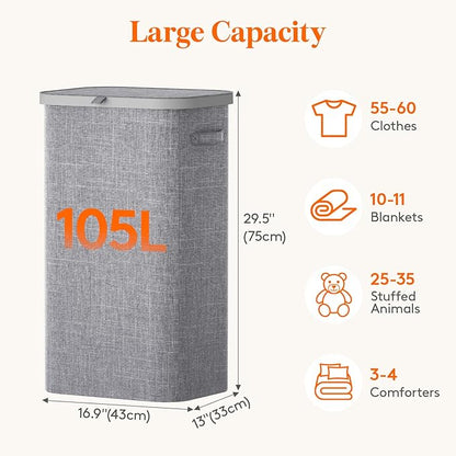 Lifewit 105L Laundry Basket with Lid, Large Laundry Hamper with Plastic Handles and Removable Bag, Foldable Tall Dirty Clothes Hampers for Laundry for Laundry Room, Bedroom, Bathroom, Dorm, Light Gray