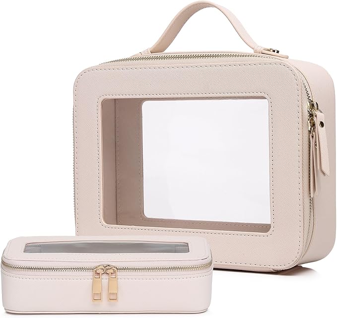 Pinkmik Clear Makeup Bag with Brush Bag 2pcs Waterproof Travel Case for Cosmetics and Toiletries Women's Cosmetic Organizer with Zipper (Beige, L+SLIM)