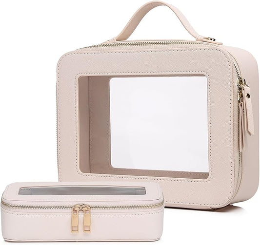 Pinkmik Clear Makeup Bag with Brush Bag 2pcs Waterproof Travel Case for Cosmetics and Toiletries Women's Cosmetic Organizer with Zipper (Beige, L+SLIM)