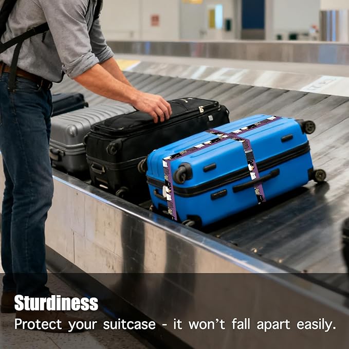 Nuxovilar Luggage Straps of 2 Set Cartoon Cats on Purple Pattern, Durable Material 1.96 * 70.86 Inches for Suitcases, Travel Essentials for 22-28 Inch Luggage, Perfect for Pet Lovers, Leisure Trips