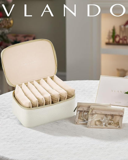 Vlando Travel Jewelry Case with 8 Velvet Jewelry Bags Jewelry Travel Organizer Box for Girls Jewelry Box for Rings Earrings Christmas Anniversary Birthday Gifts for Women (White)